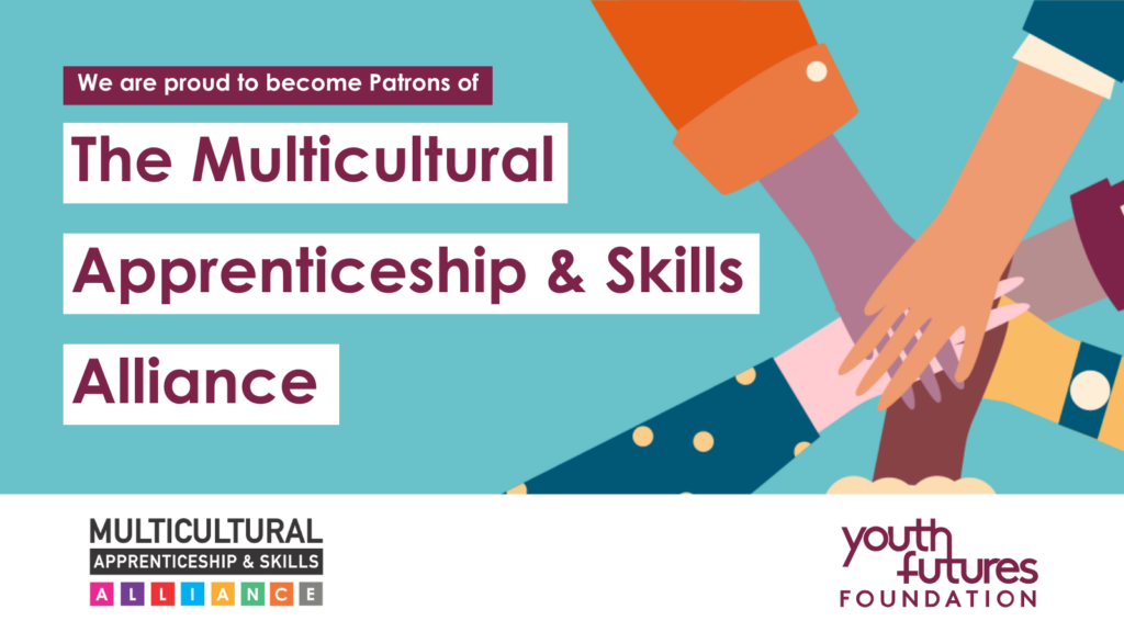 Six people's hands coming together to indicate teamwork. Text reads "We are proud to become patrons of the Multicultural Skills and Apprenticeship Alliance".